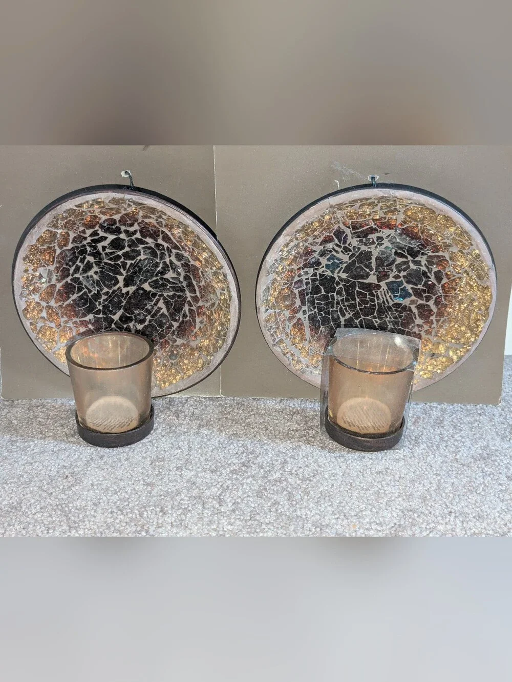 Pier 1 Amber and Bronze Mosaic Glass Wall Sconces for Tea Lights